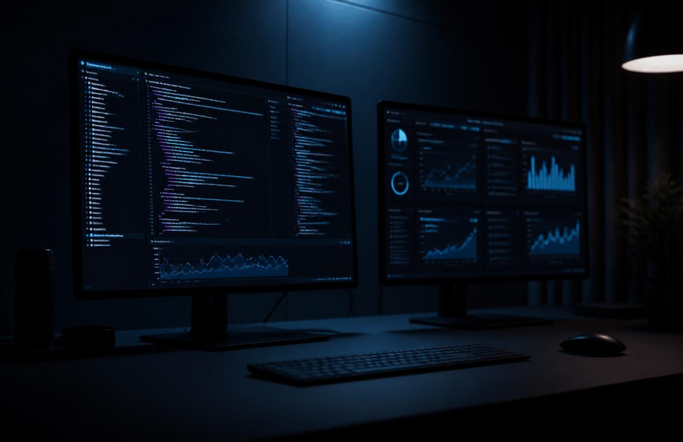 Postazione di lavoro dello studio con codice e dashboard sugli schermi