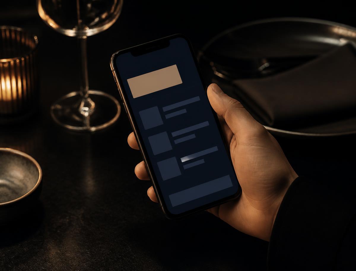 Menù digitale di un ristorante aperto sullo schermo di uno smartphone al tavolo
